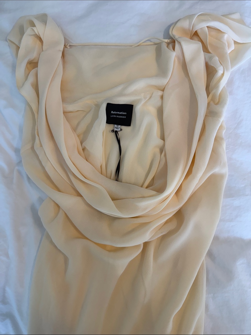 Reformation Laura Harrier Pale Cream Cowl-Neck Chiffon Dress